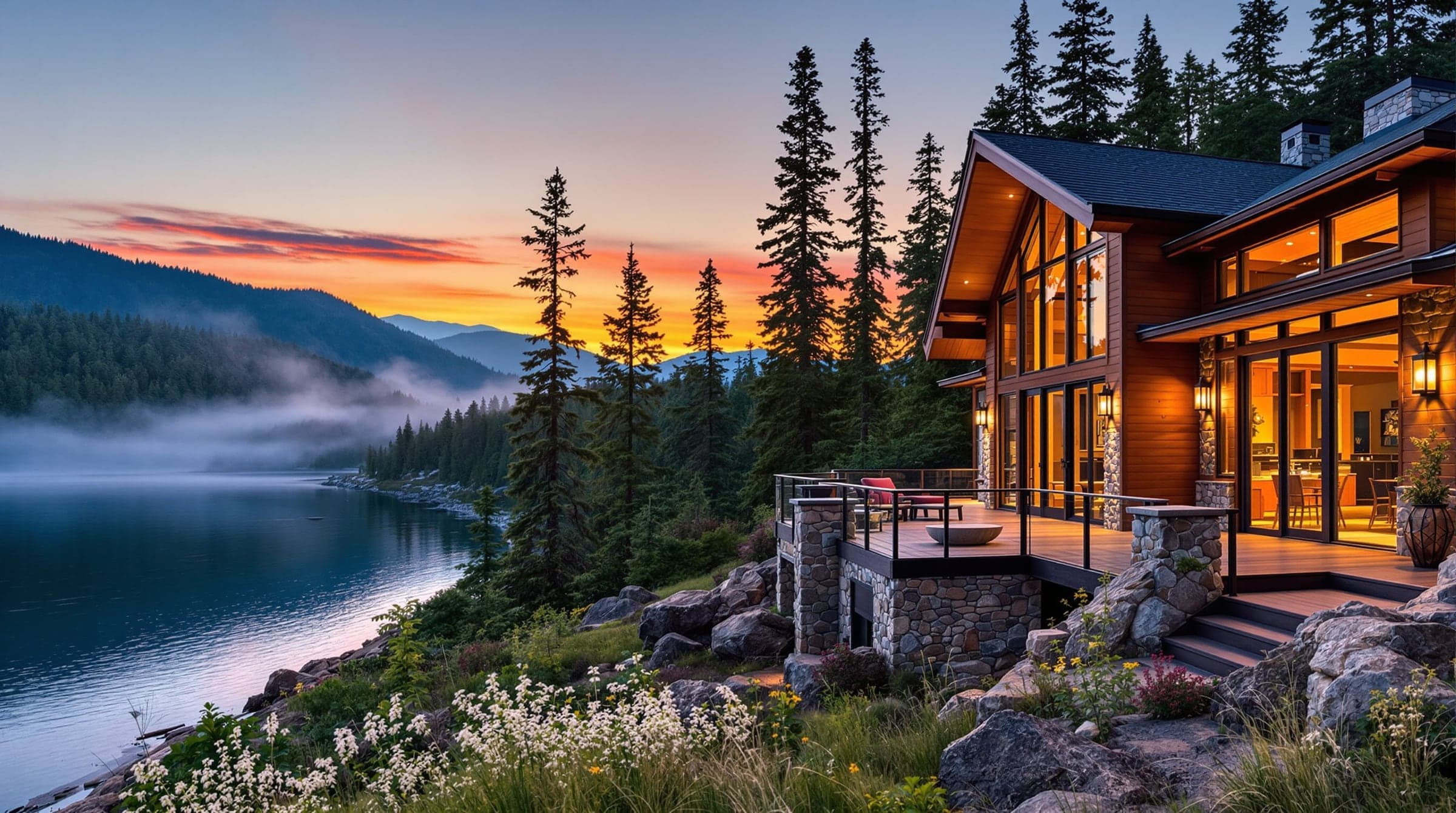 Modern lakefront home in Tennessee at sunset — sell or rent your home without listing commissions on ListMyHomes.com